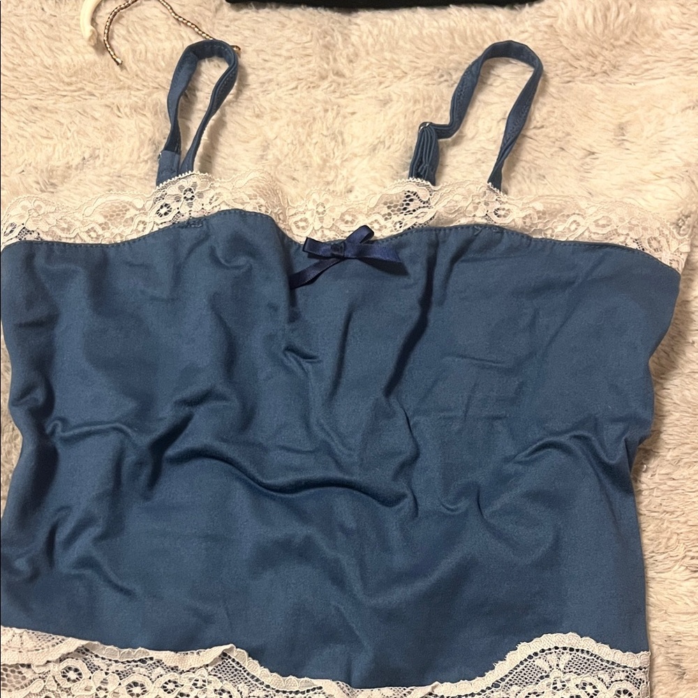 SHEIN Blue and White Lace Trim Crop Top